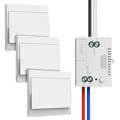 Wireless Light Switch 230 V Set Wireless Switch - No Batteries Required Waterproof Wall Switch Control Your Lamp Up to 200 m Remote (1 Receiver and 3 Control Panels)