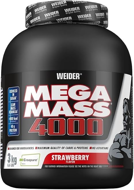 WEIDER Mega Mass 4000 Weight Gainer Shake for Growth Strawberry with Protein Creapure Creatine Monohydrate Complex Carbohydrates Vitamins and Minerals – Muscle Building Shake 3 kg