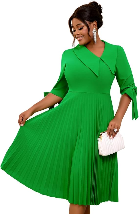 AOMEI Women's Green Asymmetrical V Neck Half Sleeve with Bow Tie Pleated Midi Summer Dress