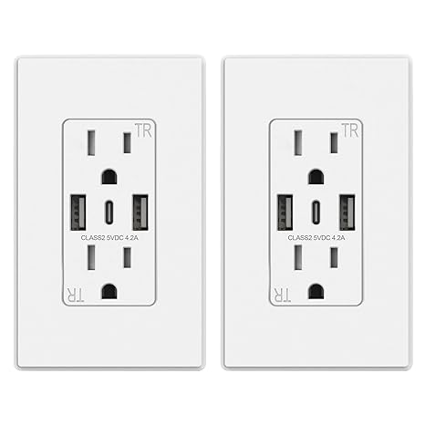 ELEGRP USB C Wall Outlets with 3-Ports, 15 Amp Outlets with USB Ports, Tamper-Resistant USB Outlet, Wall Plate Included, Matte White, UL Listed, 2 Pack