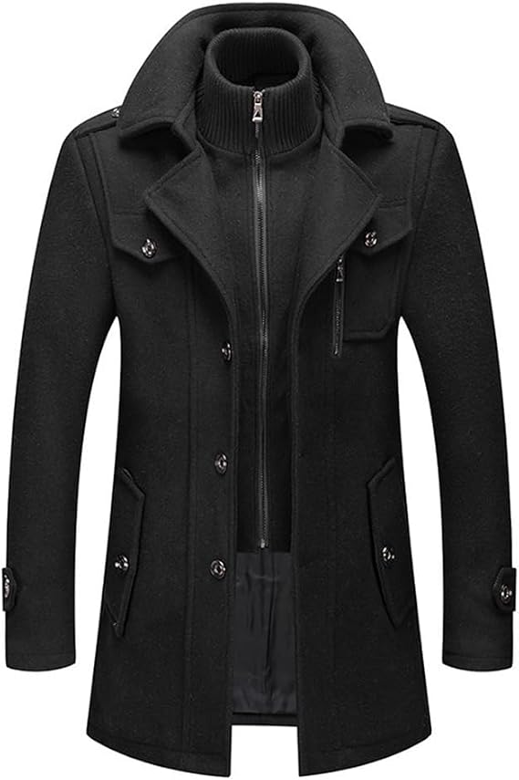Men's Wool Blend Jacket Single Breasted Slim Fit Thick Winter Windproof Pea Coat