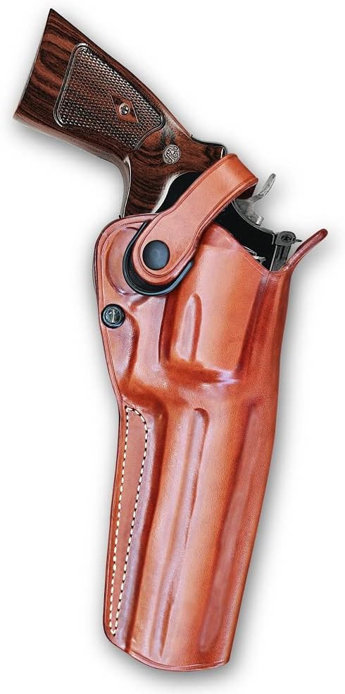 Premium Leather Three Slots Belt Holster with Retention Strap Fits S&W Model 686 Plus 357 Magnum 7-Shot 6 BBL, Right Hand Draw, Brown Color #1511