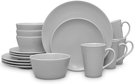 Noritake Colorscapes Grey-on-Grey Swirl 16-Piece Coupe Dinnerware Set, Service for 4