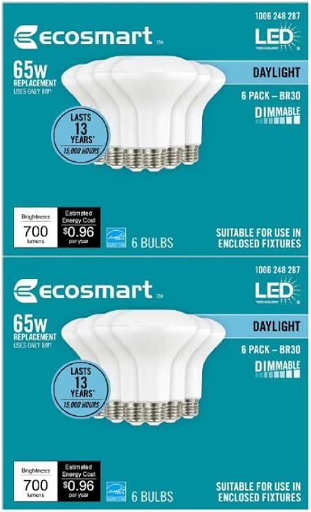 EcoSmart 65-Watt Equivalent BR30 Dimmable LED Light Bulb Daylight (12-Pack)