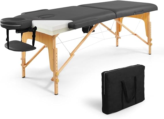 CAPHAUS 84 Inch Memory Foam Massage Table, 28 Inch Wide Foldable & Portable Massage Bed, Facial Cradle Salon Bed Wooden Legs & Carry Case, Height Adjustable Spa Bed, Black