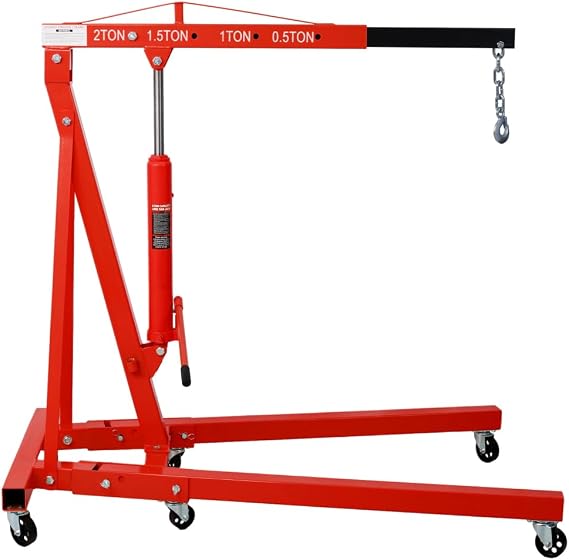 2 Ton Folding Engine Hoist Cherry Picker Shop Crane Lift - Heavy Duty Steel, 6 Caster Wheels (Red)