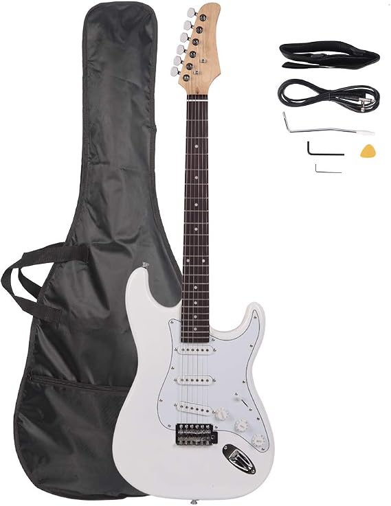 39 Inch Rosewood Fingerboard Electric Guitar,Electric Guitar Beginner Kit Solid Body Full Size Pick Up for Starter, with Bag, Picks, Capo, Strap, Cord,Allen Wrench, Tremolo Arm (White Color)
