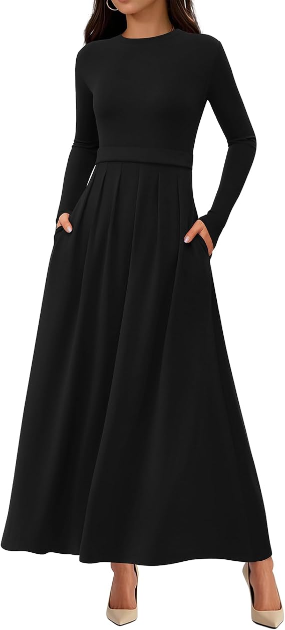 BTFBM Long Sleeve Dress for Women Spring Clothes 2026 Pockets Business Casual Pleated Fall Wedding Guest Dresses