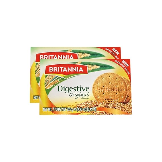 BRITANNIA Digestive Original Biscuits 7.93oz (225g) - Whole Wheat Flavor Cookies - Breakfast & Tea Time Healthy Snacks (Pack of 2)