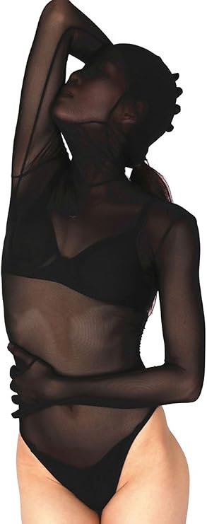 LinvMe Women's Sexy Black Mesh Sheer Zentai Half Suit Long Sleeve Bodysuit