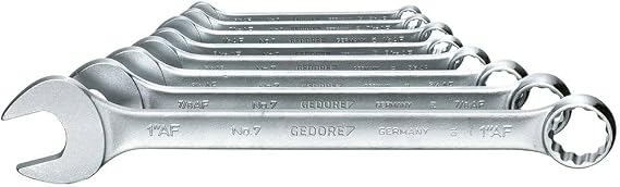 GEDORE Combination Spanner Set, 8 Pieces, SW 3/8-1 Inch, 15° Angled, 12-Point, UD Profile, Spanner Set, 7-08A