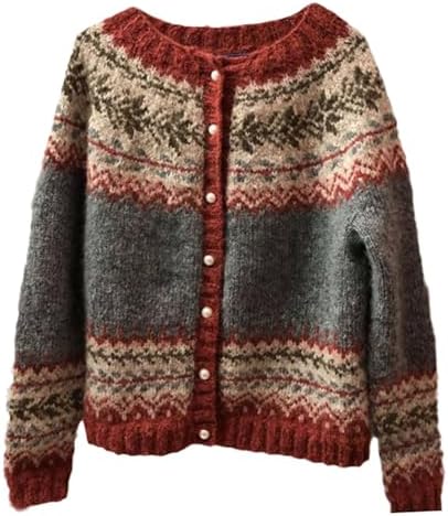 Women Vintage Fair Isle Knitted Sweater Retro Argyle Crewneck Long Sleeve Button Down Cardigan