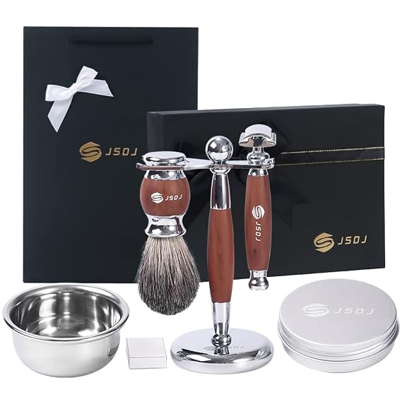 WHAT MenS Luxury Wet Shaving Kit, Classic Nostalgic Shaving Kit, Nine-Piece Shaving Gift Box, The Perfect Holiday Gift For Husband, Friends, And Father, Walnut-colored safety knife