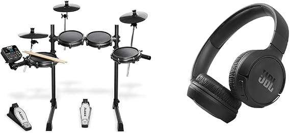 Alesis Turbo Mesh Kit Electric Drum Set With 100+ Sounds, Quiet Mesh Drum Pads, Drum Sticks, Connection Cables, Drum Lessons & JBL Tune 510BT: Wireless On-Ear Headphones with Purebass Sound - Black