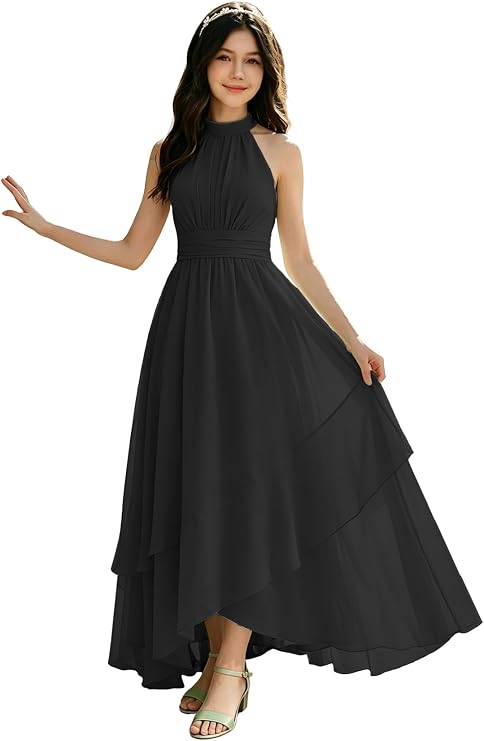 Junior Bridesmaid Dresses Halter Chiffon Girls Formal Dresses High-Low Wedding Guest Party Gown for Teens