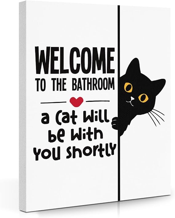 Funny Cat Wall Art Bathroom Toilet Decorations, Cat Lover Gifts for Women | Welcome to the Bathroom Painting Framed Canvas Print Modern Home Decor, Humorous Kitten Prints
