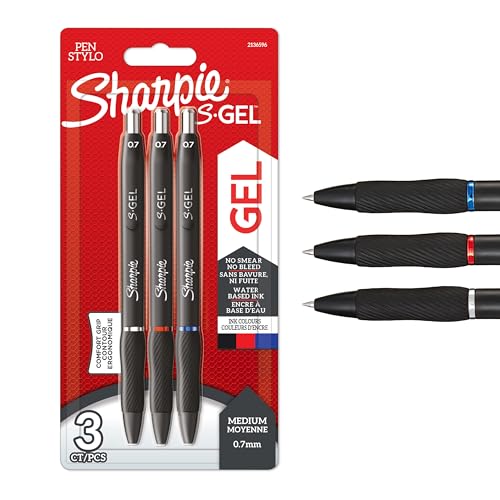 Sharpie S-Gel | Gel Pens | Medium Point 0.7mm | Black, Red & Blue Ink | 3 Count