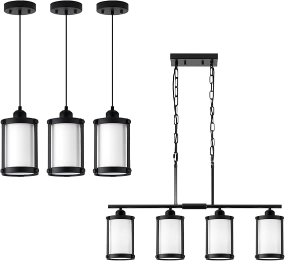 Black 3 Pack Pendant Lights Kitchen Island and 4-Light Kitchen Island Lighting with Milk Glass for Dining Room