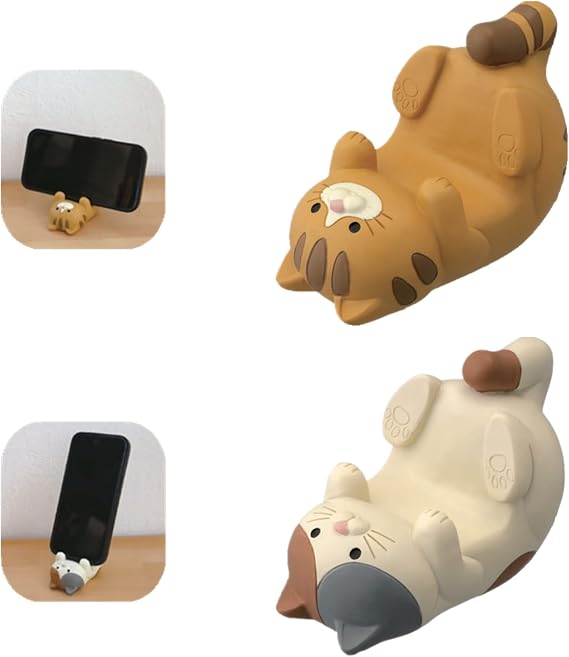2 PCS Cat Phone Holder Cute Phone Holder Cat Phone Stand Cartoon Resin Animal Cell Phone Stand Compatible with All Smartphones for Office Home