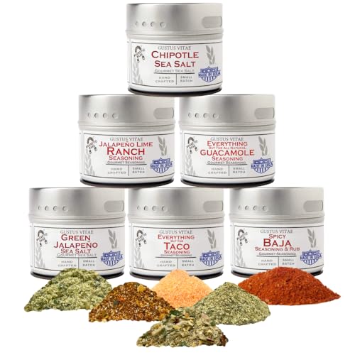 Mexican Seasoning Gift Set | Tastes of Mexico | Artisanal Spice Blends Six Pack | Non GMO, All Natural | No MSG, Gluten, Soy, Nuts | Small Batch, Hand Made Seasonings | No Artificial Ingredients, Ultra Premium | Made in USA | GLP-1 Friendly | Magnetic Tins | Gustus Vitae | All Occasion Gift
