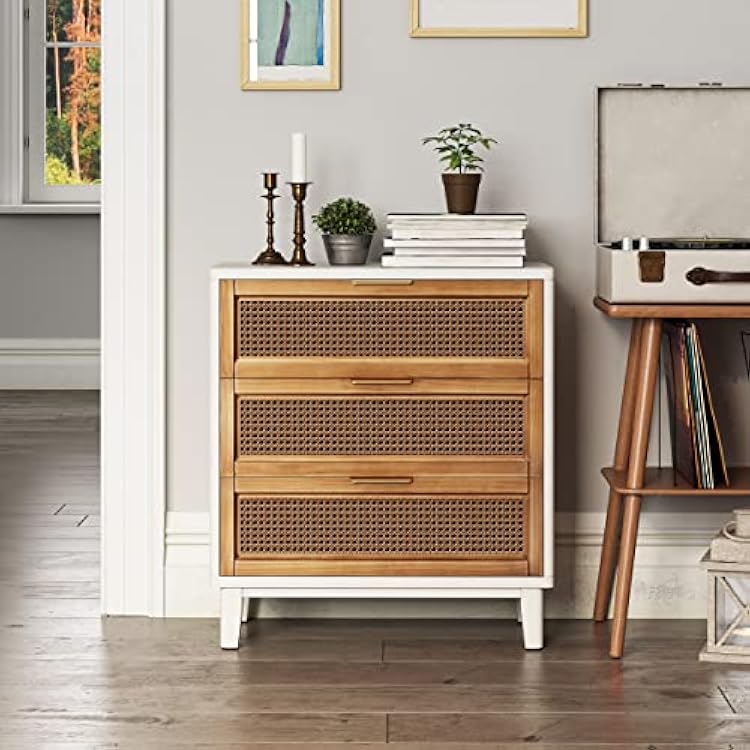 COZAYH Farmhouse 3-Drawer Nightstand, Rattan Cane Front Accent Dresser with Brass Pull, Distressed White