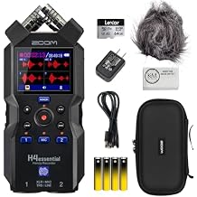 Zoom H4essential 4-Track 32-Bit Float Portable Audio Recorder with APH-4E Accessory Pack (Furry Windscreen, AD-17 Adapter, USB-C Cable and Padded Case) + 64GB Micro SD + AA Batteries + Cleaning Cloth
