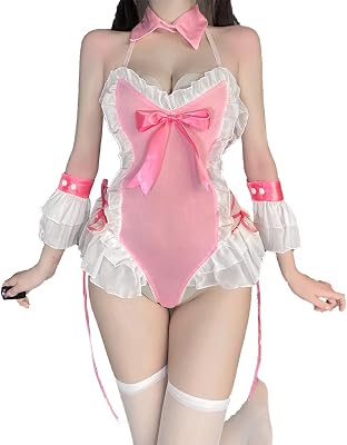 SNOMYRS Sexy Bunny Costume Cosplay Maid Japanese Anime Kawaii Pink Naughty Babydoll Bodysuit