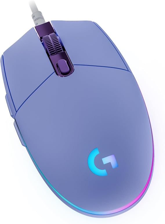 Logitech G203 gaming mouse with adjustable LIGHTSYNC RGB lighting six programmable buttons games Ruggedized sensor scanning with 8000 dpi Lightweight Purple