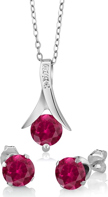 Gem Stone King 2.40 Ct Created Ruby Pendant Earrings Jewelry Set For Women