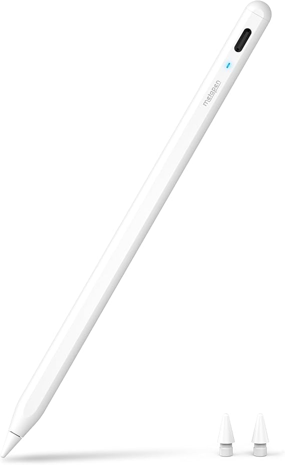 Metapen Kalem A8 iPad 2018-2025 ile Uyumlu, 2X Daha Hızlı Şarj, Avuç İçi Reddi, Eğim Hassasiyeti Stylus Kalem Apple iPad 11/10/9/8/7/6 Gen, Pro 12.9/11'', Air 3.-5. Mini 5./6 (Beyaz) | Metal Varil Apple Kalem, USB-C Hızlı Şarj, iPad 6th-11th Gen Pro Air Mini için Güvenilir Hassas ve Pürüzsüz Yazma Kalemi