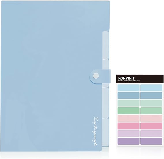 KONVINIT Document Folder A4 Expandable Folder A4 Folder with 5 Pockets Folder Slim Organiser System Document Folder Collection Folder for Office Home School Documents Light Blue