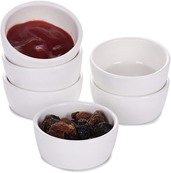 Mini Ramekins 1.5 oz Set of 6 (White) | 6-pack,1.5oz,ceramic,souffle,dips,salsa,jams,white,easy-clean,oven-safe