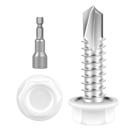 #8 x 3/4" (100 PCS) White Head Sheet Metal Screws, Hex Washer Head Self Drilling Screw, Flanged Hex Fast Self Tapping Screws, Carbon Steel, Full Thread, Hex Bit Socket Included