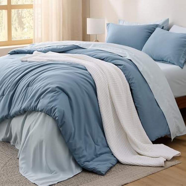 Bedsure King Size Comforter Set - 7 Pieces Grayish Blue King Bedding Set for All Seasons, Boho Contrasting Design Bed in a Bag with Comforter, Sheets, Pillowcases & Shams
