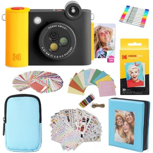 KODAK Smile 2-in-1 Digital Instant Print Camera & Photo Printer Gift Bundle  Case  Zink 2x3 Sticky Back Photo Paper 20pk  Album  Sticker Frames  Hanging Frames  Sticker Sets  Markers - Black
