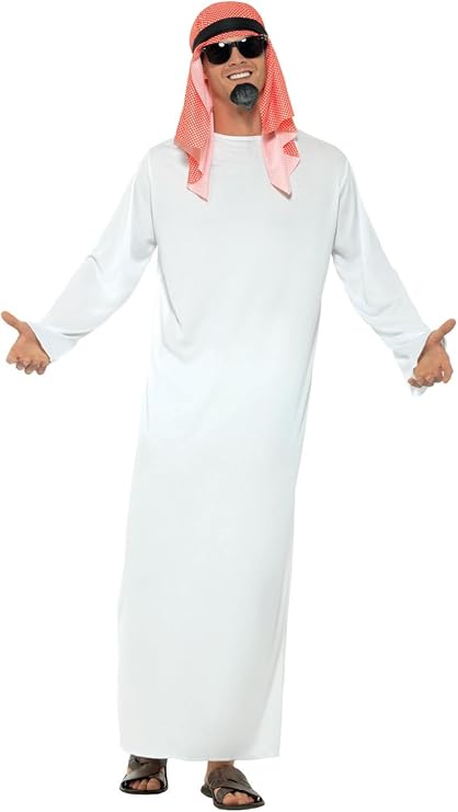 Smiffys Fake Sheikh Costume, White with Long Tunic & Headdress, Around The World Fancy Dress, Around The World Dress Up Costumes