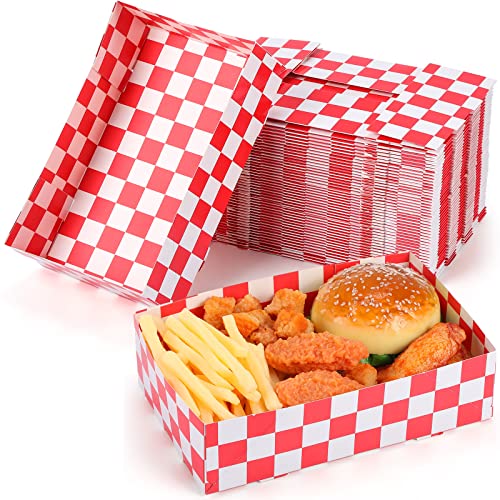 Norme 50 Pcs Disposable Red Checkered Cardboard Food Tray 8.6 x 5.5 x 2.3 Paper Snack Serving Container 4 Corner Pop up Hot Dog Box Holder Boat for Hamburger Movie Night Party Supplies