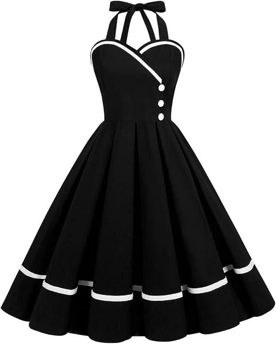 Women Vintage 1950s Retro Polka Dot Swing Dress Sleeveless Backless Halter Neck