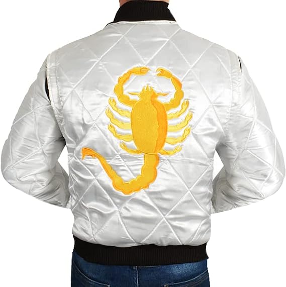 SpazeUp Men's White Drive Jacket Scorpion Logo Famous Gosling Jacket Ivory Black Reversible Scorpion Satin Bomber Jackets Men