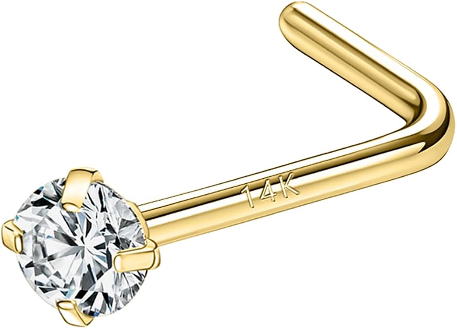 14K Solid Gold Nose Studs Rings 20g 18g, Moissanite Corkscrew L Shaped Nose Rings, Hypoallergenic 18 20 Gauge Nose Ring Piercing for Women Men Gifts - 2mm 2.5mm 3mm Moissanite