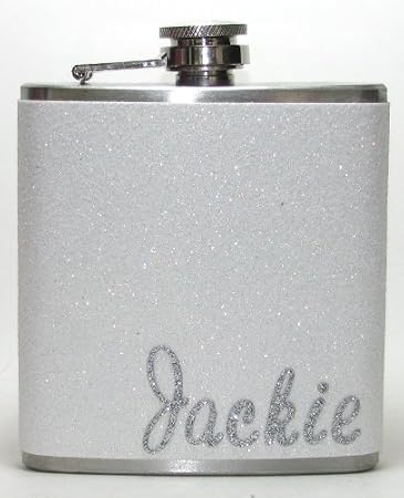 White Personalized Silver Glitter 6 oz Liquor Hip Flask Flasks Gift