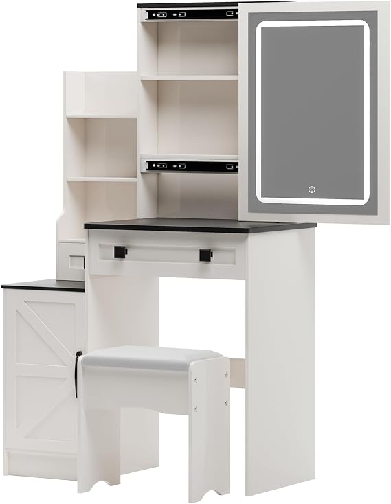 LED-Lighted Vanity Desk with Sliding Mirror with Stool 2 Drawers 1 Barn Door & Open Shelves Ideal Bedroom Dressing Table with Hidden Storage Black