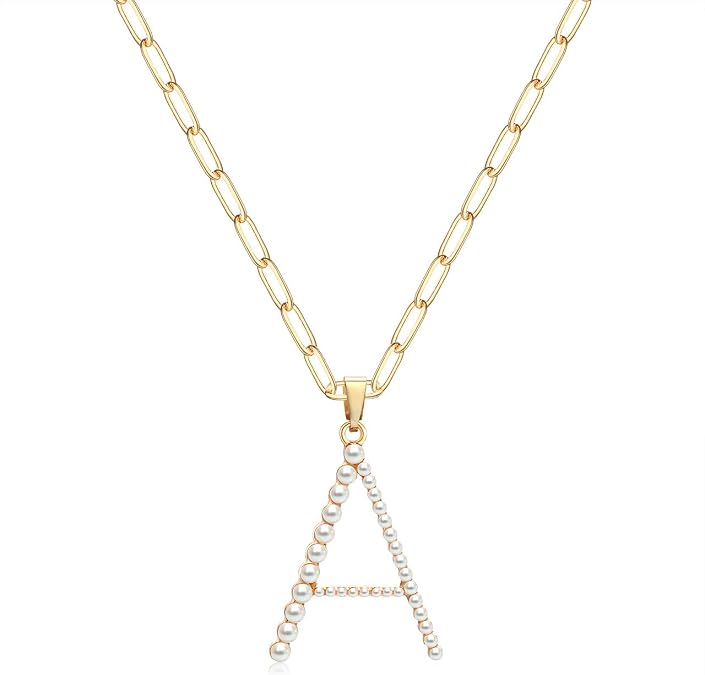 Pearl Initial Necklace Personalized 18K Gold Plated Paperclip Chain Letter Choker Necklaces for Women Alphabet Pendant Necklace Anniversary Birthday Gift for Women