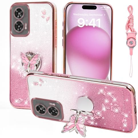 for Motorola Moto Edge 50 Fusion 5G Phone Case,for Moto G96 Mobile Phone Case for Women and Girl, Glitter Butterfly Floral TPU Protective Cover with KickstandStrap for Edge 50 Fusion Pink
