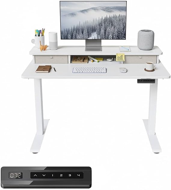 FEZIBO Height Adjustable Electric Standing Desk with Double Drawer, 100 * 60cm Stand Up Table with Storage Shelf, Sit Stand Desk with Splice Board, White Frame/White Top