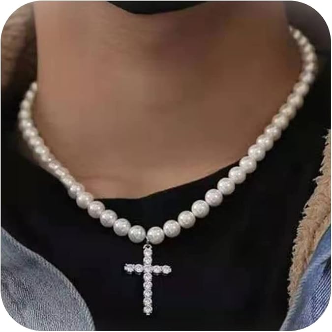 Pearl Necklace Men Layered Link Chain White Beaded Necklaces for Women Collares De Hombre Jewelry Gifts for Boyfriend Husband