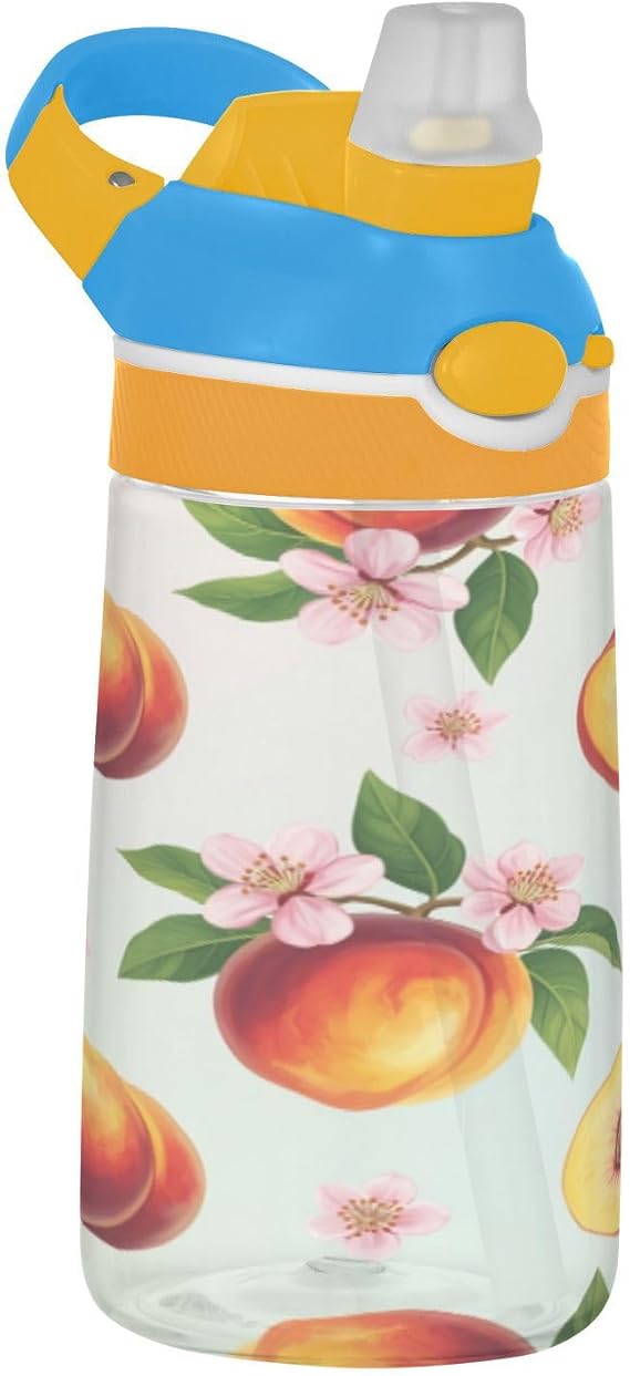 Kids Water Bottle 16OZ Peach Flower Leaf Tritan Plastic Water Bottle with Straw for Boys Girls, School or Travel, Leak Proof,Blue,