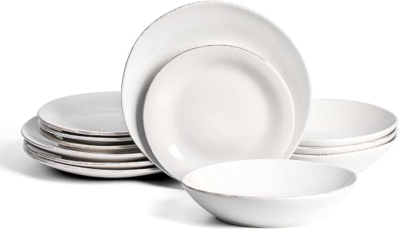 Stone Lain Essence 12-Piece Dinnerware Set Stoneware, Plates and Bowls Set, Dishwasher and Microwave Safe, Dish Set for 4, White