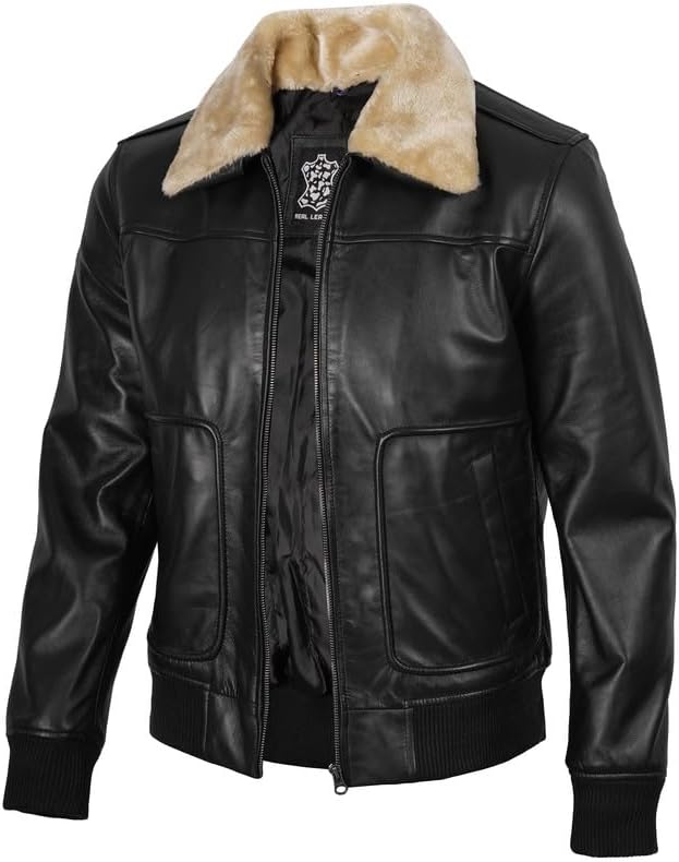 Blingsoul Mens Sherpa Leather Jacket with Shearling Fur Collar Real Lambskin Winter Leather Jacket For Men