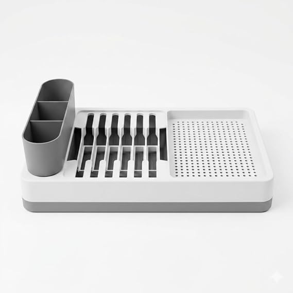 Tezgah Üstü Bulaşık Kurutmalık, Çok Bölmeli Tabak ve Bardak Düzenleyici, Kaşıklıklı Mutfak Organizer 42 cm